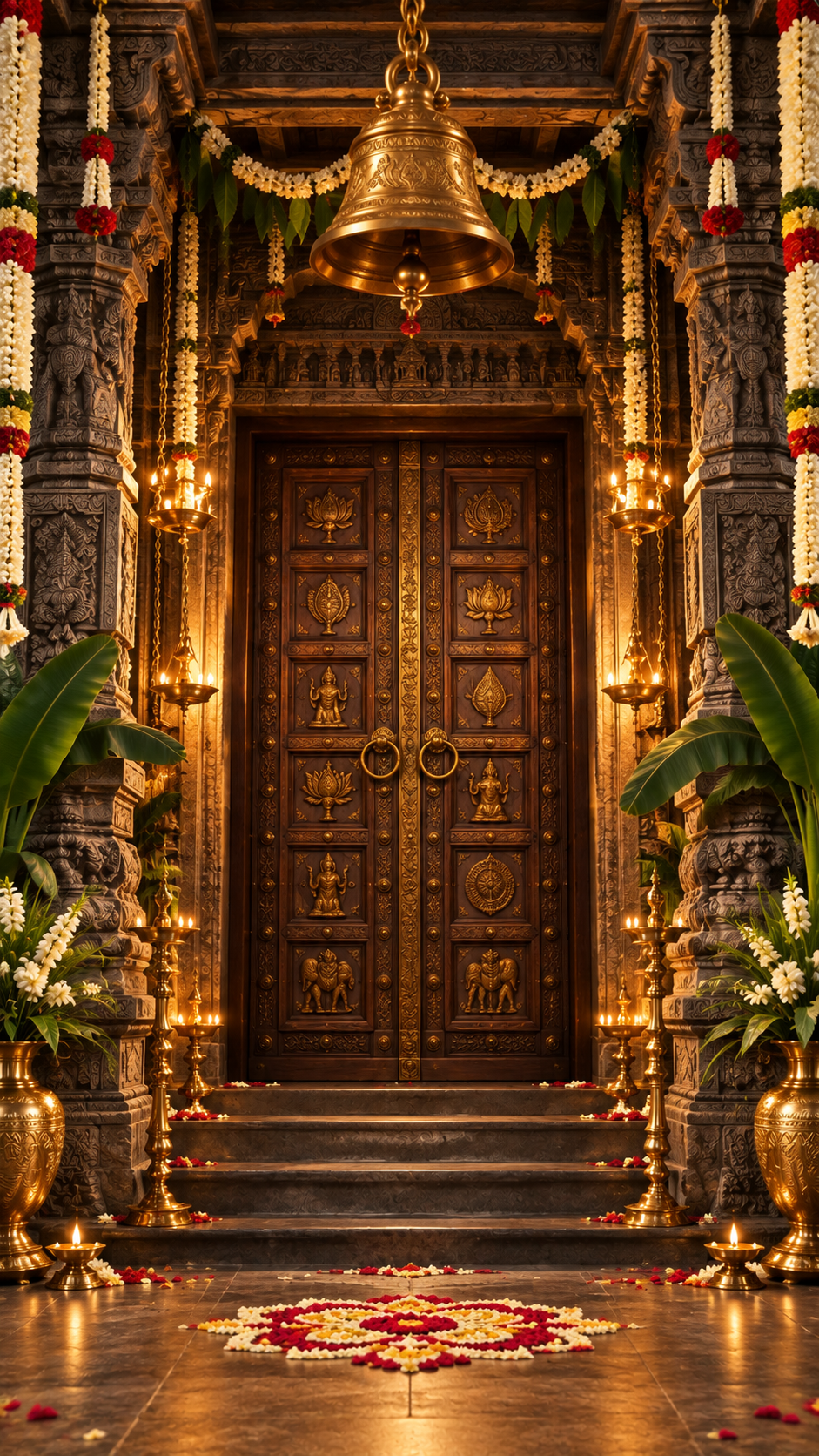 Grand South Indian Temple Entrance with Brass Bell